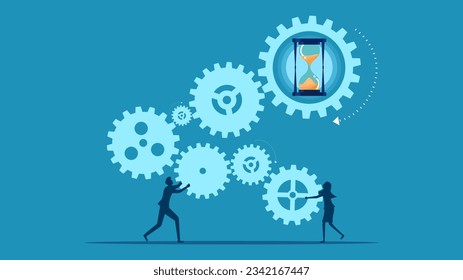time of the business process. Business man and woman connected hourglass gear 
