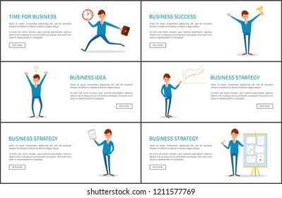 Time for business, success and strategy posters set vector. Boss with award in hand, prize for hard work. Leader of company, showing plan on page