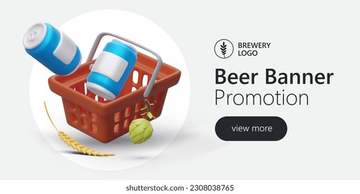 Es hora de comprar cerveza. Carrito de compras en 3D con latas azules de cerveza. Banner horizontal para publicidad en redes sociales, en sitios web. Bebidas alcohólicas elaboradas con ingredientes naturales