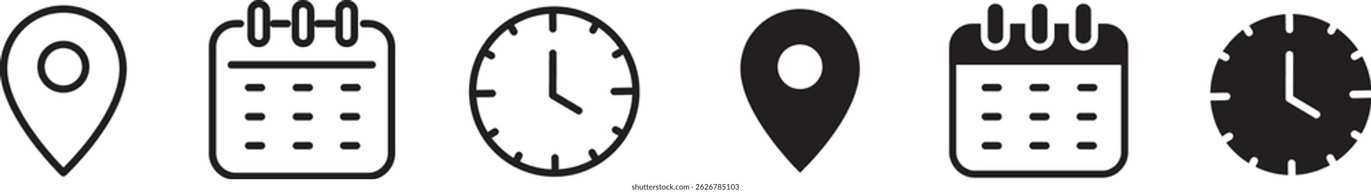 Time, calendar address location icons set. 