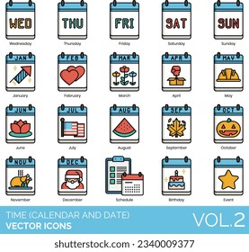 Time (Calendar and Date) Icons including Minute, Monday, Month, Morning, Night, Noon, November, October, Past, PM, Present, Reminder, Remove Date, Saturday, Save the Date, Schedule, Second, September