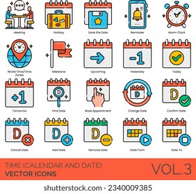 Time (Calendar and Date) Icons Including Standard Time, Stopwatch, Summer Equinox, Sunday, Thursday, time, Today, Tomorrow, Tuesday, Upcoming, Wednesday, Week, Winter Equinox, World Time Zones