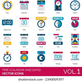 Iconos de tiempo (calendario y fecha) Incluidos Fecha, Tarde, Alarma, Reloj, AM, Abril, Agosto, Cumpleaños, Cita, Calendario, Cancelar, Cambio, Reloj, Confirmar, Amanecer, Día, Luz de día, Ahorro, Hora, Diciembre