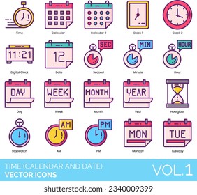 Time (Calendar and Date) Icons Including Standard Time, Stopwatch, Summer Equinox, Sunday, Thursday, time, Today, Tomorrow, Tuesday, Upcoming, Wednesday, Week, Winter Equinox, World Time Zones