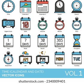 Time (Calendar and Date) Icons including Minute, Monday, Month, Morning, Night, Noon, November, October, Past, PM, Present, Reminder, Remove Date, Saturday, Save the Date, Schedule, Second, September