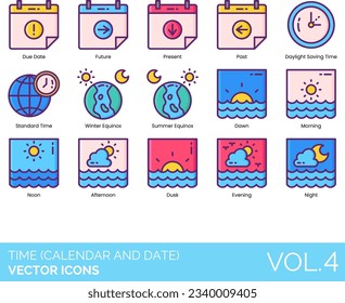 Time (Calendar and Date) Icons Including Standard Time, Stopwatch, Summer Equinox, Sunday, Thursday, time, Today, Tomorrow, Tuesday, Upcoming, Wednesday, Week, Winter Equinox, World Time Zones