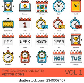 Time (Calendar and Date) Icons Including Standard Time, Stopwatch, Summer Equinox, Sunday, Thursday, time, Today, Tomorrow, Tuesday, Upcoming, Wednesday, Week, Winter Equinox, World Time Zones