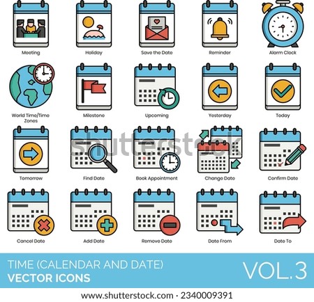Time (Calendar and Date) Icons including Minute, Monday, Month, Morning, Night, Noon, November, October, Past, PM, Present, Reminder, Remove Date, Saturday, Save the Date, Schedule, Second, September