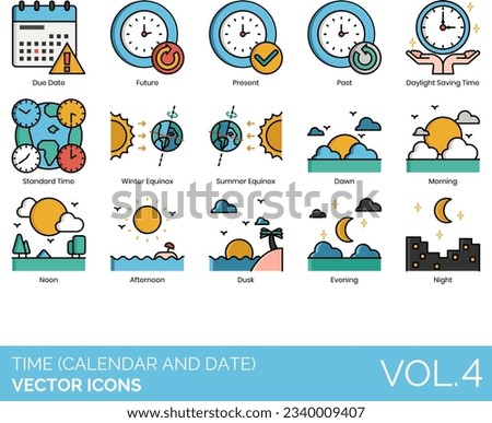Time (Calendar and Date) Icons including Minute, Monday, Month, Morning, Night, Noon, November, October, Past, PM, Present, Reminder, Remove Date, Saturday, Save the Date, Schedule, Second, September