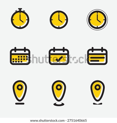 Time, Calendar, Date and Location sign illustration. Set of Location icon, time, calendar and notification icon isolated