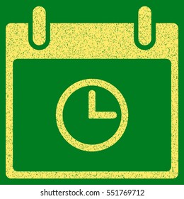 Time Calendar Day grainy textured icon for overlay watermark stamps. Flat symbol with dirty texture. Dotted vector yellow ink rubber seal stamp with grunge design on a green background.