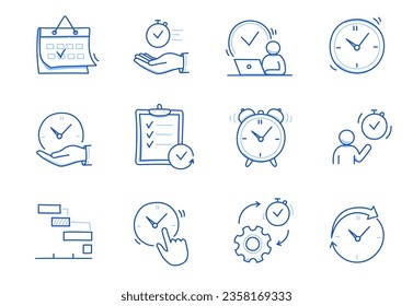 Time, calendar doodle line icon set. Hand drawn doodle sketch line style business time management, project deadline concept. Alarm clock, calendar, stopwatch cute elements. Vector illustration