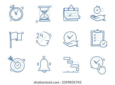 Time, calendar doodle line icon set. Hand drawn doodle sketch line style business time management, project deadline concept. Alarm clock, calendar, stopwatch cute elements. Vector illustration