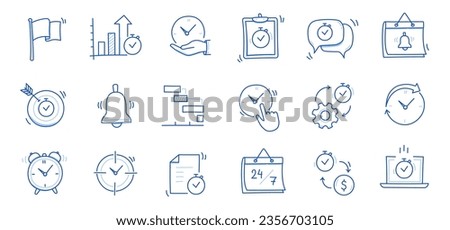 Time, calendar doodle line icon set. Hand drawn doodle sketch line style business time management, project deadline concept. Alarm clock, calendar, stopwatch cute elements. Vector illustration