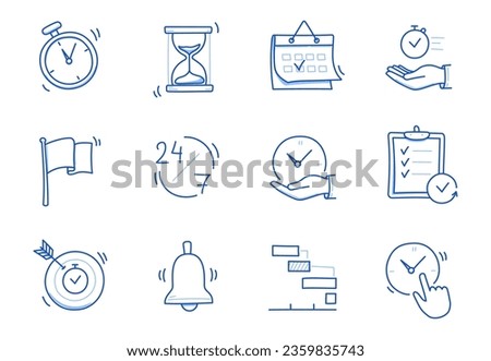 Time, calendar doodle line icon set. Hand drawn doodle sketch line style business time management, project deadline concept. Alarm clock, calendar, stopwatch cute elements. Vector illustration