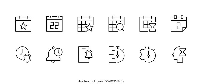 Colección de íconos de tiempo y calendario. Programa, cita, hora, reloj, recordatorio, notificación, gestión de tiempo, horas de trabajo y más. Trazo editable. Pixel perfecto. Base de rejilla 32px.