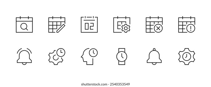 Time and calendar icon collection. Schedule, appointment, time, clock, date, deadline, time management, notification and more. Editable stroke. Pixel Perfect. Grid base 32px.