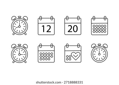 Time, calendar icon set. Hand drawn doodle sketch line style business time management, project deadline concept. Alarm clock, calendar, stopwatch cute elements.
