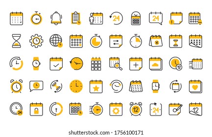 time and calendar icon set over white background, half line half color style, vector illustration