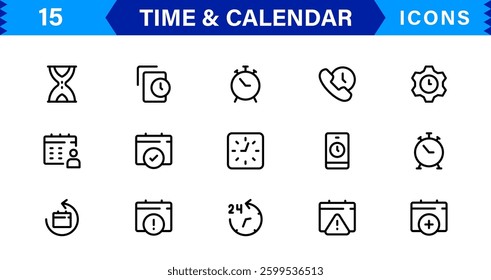 Time and Calendar Icons Collection. Versatile Icons for Tracking Dates, Time Management, and Calendar Planning