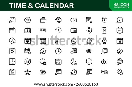 Time and Calendar Icons. Comprehensive Set for Scheduling, Planning, and Time Management Projects