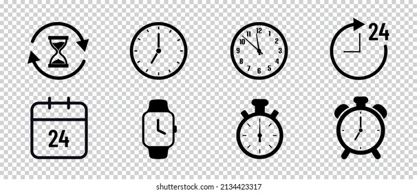 Time And Calendar Icons Set - Different Vector Illustrations - Isolated On Transparent Background