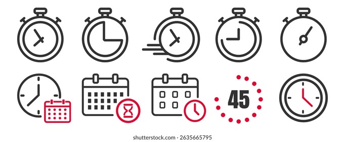 Time and Calendar Icons Set. Stopwatch, Clock, and Schedule Symbols on Transparent Background