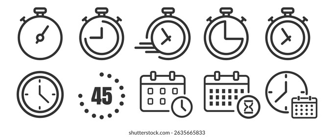 Time and Calendar Icons Set. Stopwatch, Clock, and Schedule Symbols on Transparent Background
