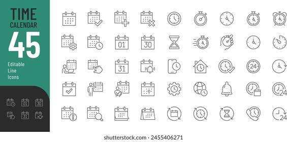 Iconos editables de línea de calendario y hora establecidos. Ilustración vectorial en el estilo moderno de la línea delgada de los iconos relacionados con la gestión del tiempo: reloj, cronómetro, temporizador, horario, fecha y más. Pictogramas e infografía