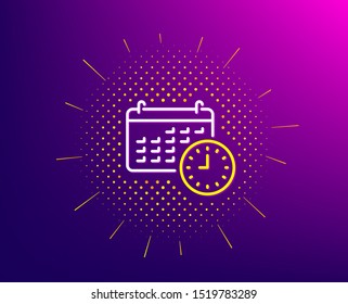 Time and calendar line icon. Halftone pattern. Clock or watch sign. Gradient background. Calendar line icon. Yellow halftone pattern. Vector