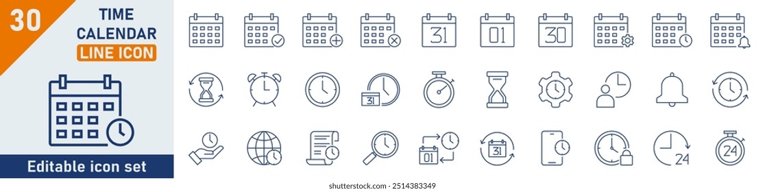 Ícone de linha de horário e calendário definido. Conjunto de 30 ícones de tópicos relacionados a calendário, relógio, data, cronômetro, cronograma e outros. Coleção de ícones da estrutura de tópicos de horário e calendário. Ilustração vetorial.