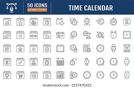 Time calendar Line Icon set. Editable Stroke. Containing calendar, timer, time management, time value, time, schedule and more. Vector Illustration