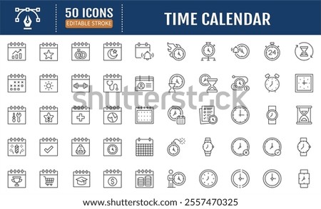 Time calendar Line Icon set. Editable Stroke. Containing calendar, timer, time management, time value, time, schedule and more. Vector Illustration