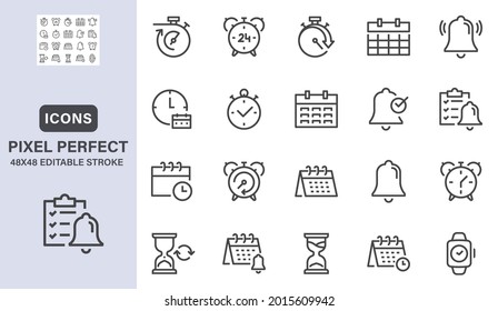 Time and calendar line icons set. Contains such icons as timer, alarm, hourglass, calendar, smart watch. 48x48 pixel perfect web elements. Editable stroke. 