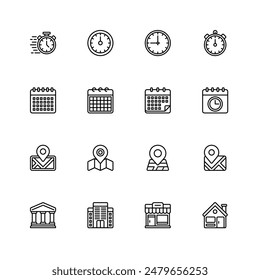 Time, Calendar, Location Building Icons Line Style Vector Illustration Design Element