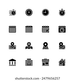 Time, Calendar, Location Building Icons Solid Style Vector Illustration Design Element