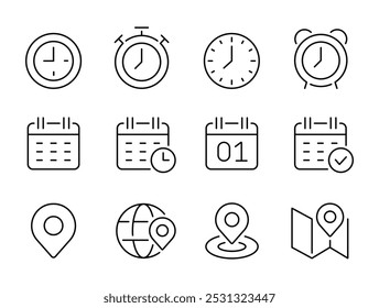 Time, Calendar and Location line icon. Date, address symbol. Editable stroke icons vector