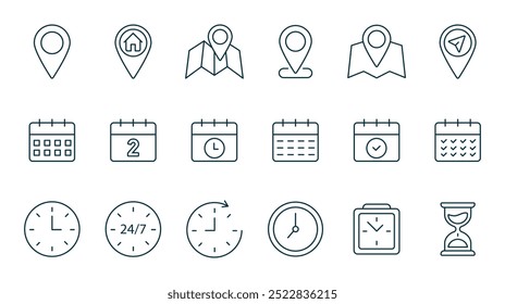 Time, calendar and location line icons set. Point, map, gps navigator, timing, timer, alarm. Isolated on a white background. Pixel perfect. Editable stroke. 64x64.