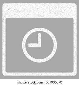 Time Calendar Page grainy textured icon for overlay watermark stamps. Flat symbol with dust texture. Dotted vector white ink rubber seal stamp with grunge design on a silver background.