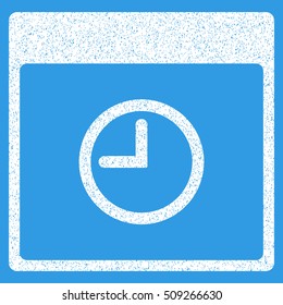 Time Calendar Page grainy textured icon for overlay watermark stamps. Flat symbol with unclean texture. Dotted vector white ink rubber seal stamp with grunge design on a blue background.
