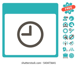 Time Calendar Page icon with bonus tools graphic icons. Vector illustration style is flat iconic symbols, grey and cyan, white background.