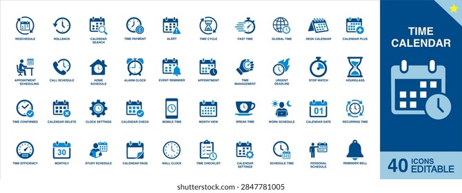 Time and calendar vector icon set with scheduling, appointments, reminders, deadlines, clocks, monthly planning, recurring events and time management symbols