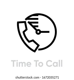 Time to call icon. Editable line vector. Vintage telephone handset and watch dial single icon.