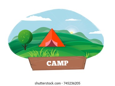 Time for camping template poster with tent in red color isolate on fresh air in summertime with blue sky and green grass and trees.