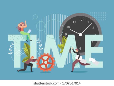 Time in capital letters, huge clock, male and female characters with cogwheel, documents, vector flat style design illustration. Time management, productivity, deadline.