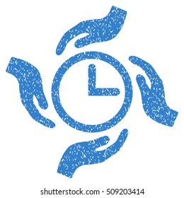 Time Care grainy textured icon for overlay watermark stamps. Flat symbol with scratched texture. Dotted vector cobalt ink rubber seal stamp with grunge design on a white background.