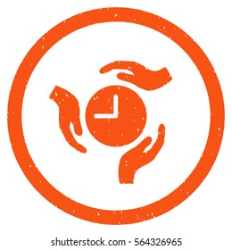 Time Care grainy textured icon inside circle for overlay watermark stamps. Flat symbol with dirty texture. Circled dotted vector orange ink rubber seal stamp with grunge design on a white background.