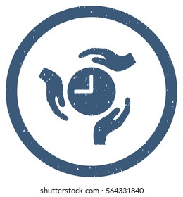 Time Care grainy textured icon inside circle for overlay watermark stamps. Flat symbol with dust texture. Circled dotted vector blue ink rubber seal stamp with grunge design on a white background.