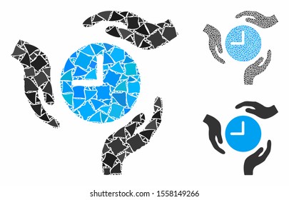 Time care hands composition of unequal parts in different sizes and color tones, based on time care hands icon. Vector unequal pieces are organized into composition.