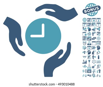 Time Care Hands icon with bonus calendar and time management graphic icons. Vector illustration style is flat iconic bicolor symbols, cyan and blue colors, white background.